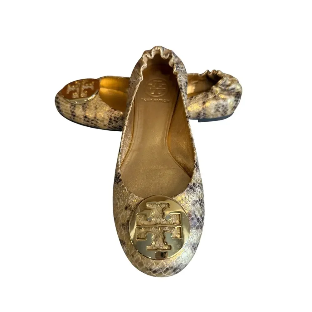 Tory Burch Reva Snake Python Print Ballet Flats Metallic Gold  7